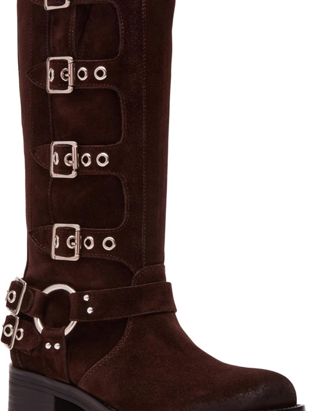 Steve Madden Brocks Chocolate Brown Suede Buckle Slouch Mid-Calf Moto Boots - Picture 1 of 12